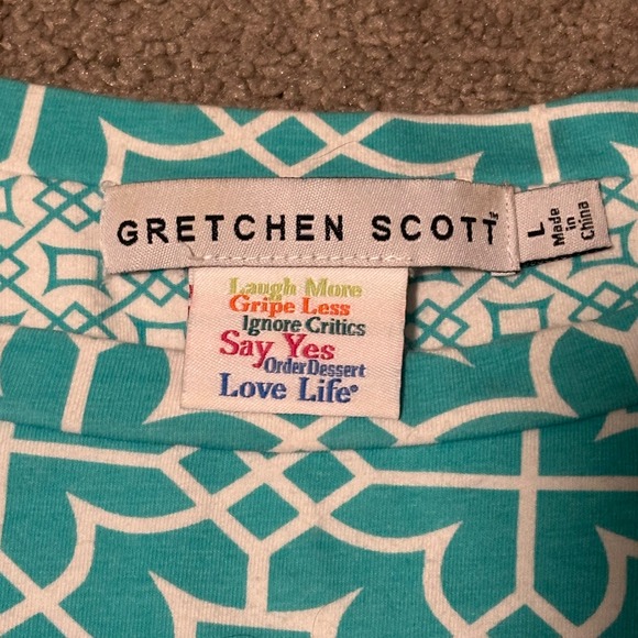 Gretchen Scott Teal White Geometric Print 3/4 Sleeve Knit Dress Size L - Picture 6 of 10